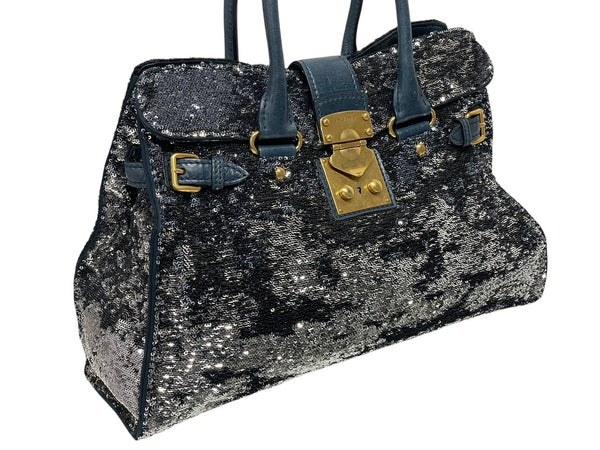 MIUMIU ミュウミュウ ハンドバッグ トートバッグ スパンコール レザー ブルー ネイビー シルバー ゴールド金具 美品 中古 4b010103