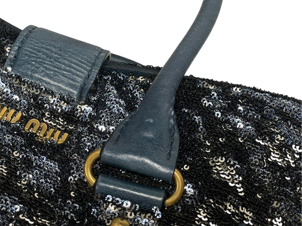 MIUMIU ミュウミュウ ハンドバッグ トートバッグ スパンコール レザー ブルー ネイビー シルバー ゴールド金具 美品 中古 4b010103