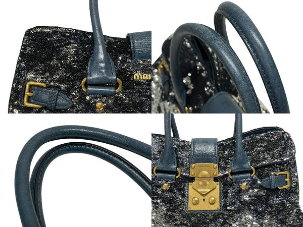 MIUMIU ミュウミュウ ハンドバッグ トートバッグ スパンコール レザー ブルー ネイビー シルバー ゴールド金具 美品 中古 4b010103