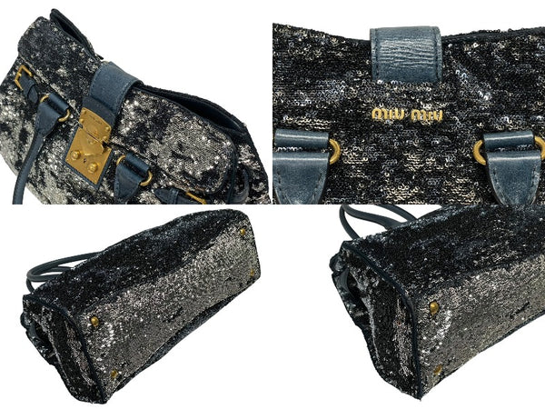 MIUMIU ミュウミュウ ハンドバッグ トートバッグ スパンコール レザー ブルー ネイビー シルバー ゴールド金具 美品 中古 4b010103