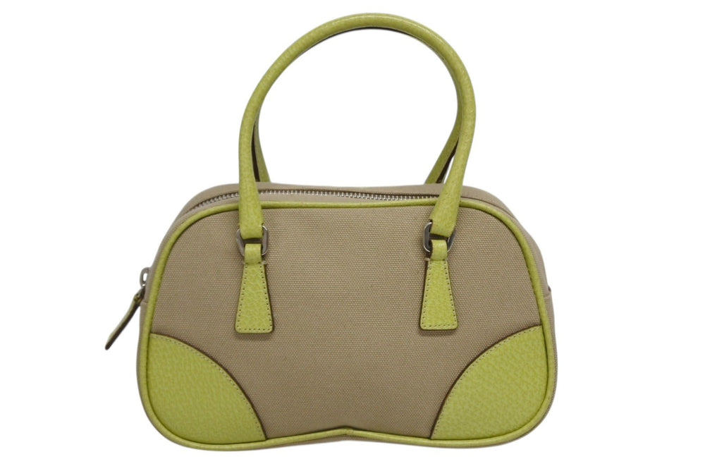 PRADA プラダ ミニボストンバッグ ハンドバッグ トライアングルロゴ BL0046 レザー キャンバス ベージュ グリーン 美品 中古 4b010109