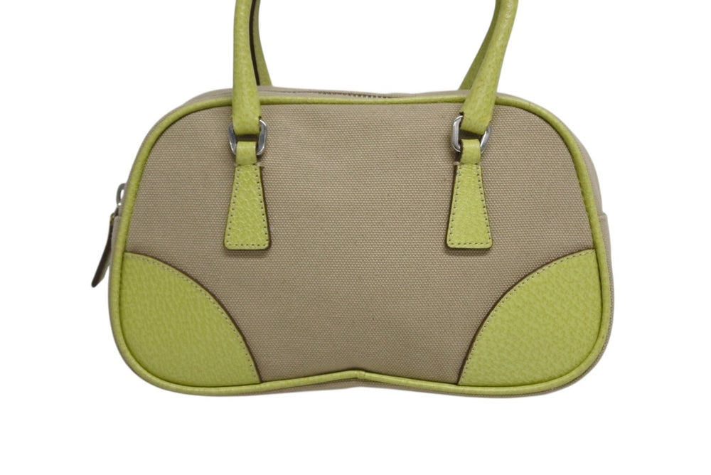 PRADA プラダ ミニボストンバッグ ハンドバッグ トライアングルロゴ BL0046 レザー キャンバス ベージュ グリーン 美品 中古 4b010109