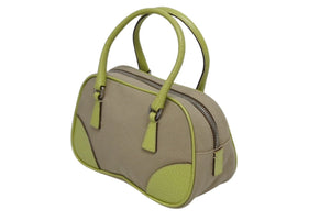 PRADA プラダ ミニボストンバッグ ハンドバッグ トライアングルロゴ BL0046 レザー キャンバス ベージュ グリーン 美品 中古 4b010109