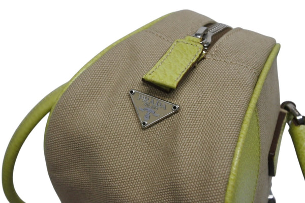 PRADA プラダ ミニボストンバッグ ハンドバッグ トライアングルロゴ BL0046 レザー キャンバス ベージュ グリーン 美品 中古 4b010109