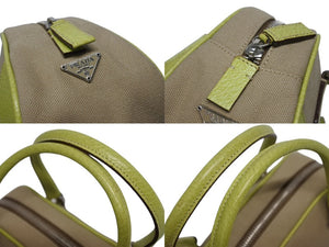 PRADA プラダ ミニボストンバッグ ハンドバッグ トライアングルロゴ BL0046 レザー キャンバス ベージュ グリーン 美品 中古 4b010109