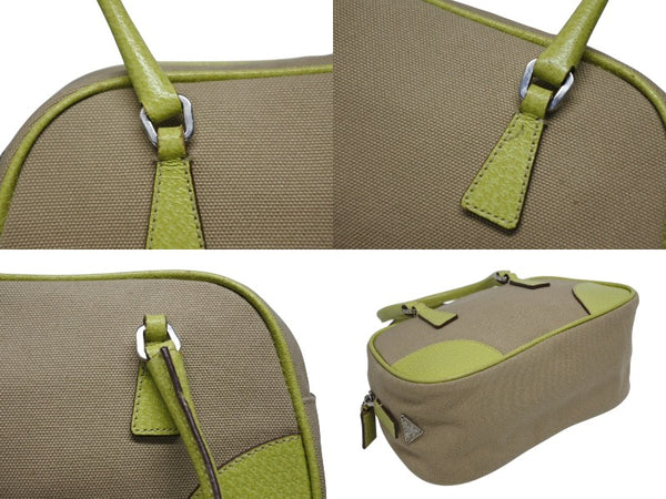 PRADA プラダ ミニボストンバッグ ハンドバッグ トライアングルロゴ BL0046 レザー キャンバス ベージュ グリーン 美品 中古 4b010109