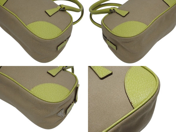 PRADA プラダ ミニボストンバッグ ハンドバッグ トライアングルロゴ BL0046 レザー キャンバス ベージュ グリーン 美品 中古 4b010109
