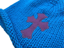 画像をギャラリービューアに読み込む, 新品同様 CHROME HEARTS クロムハーツ クロスパッチ ニットキャップ ビーニー カシミヤ レザー シルバー925 パープル ブルー 中古 4b010160