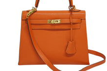 画像をギャラリービューアに読み込む, 極美品 HERMES エルメス ケリー25 2WAY ショルダーバッグ 外縫 ◻︎F刻印 シェーブル オレンジ ゴールド金具 中古 4b010169