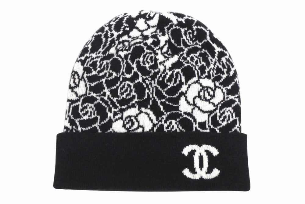 CHANEL Knit Cap Beanie Camellia AA9508B14321 Coco Mark Cashmere Silk Black Good Condition Used 4b010225