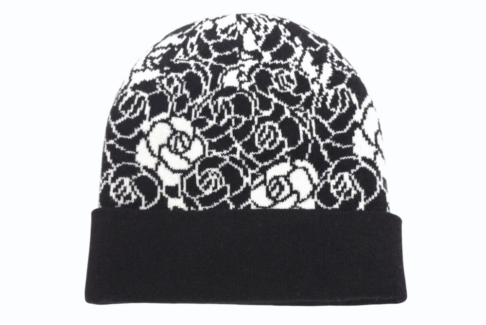 CHANEL Knit Cap Beanie Camellia AA9508B14321 Coco Mark Cashmere Silk Black Good Condition Used 4b010225