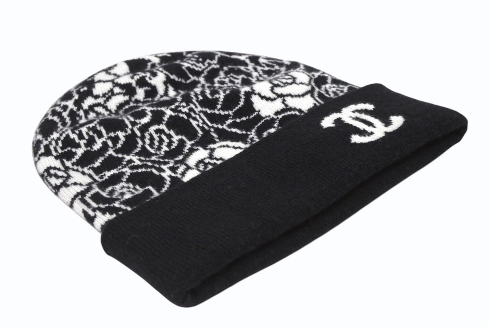 CHANEL Knit Cap Beanie Camellia AA9508B14321 Coco Mark Cashmere Silk Black Good Condition Used 4b010225