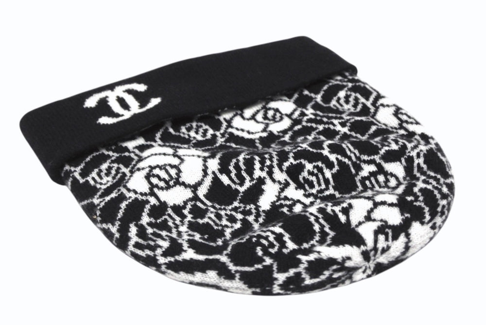 CHANEL Knit Cap Beanie Camellia AA9508B14321 Coco Mark Cashmere Silk Black Good Condition Used 4b010225