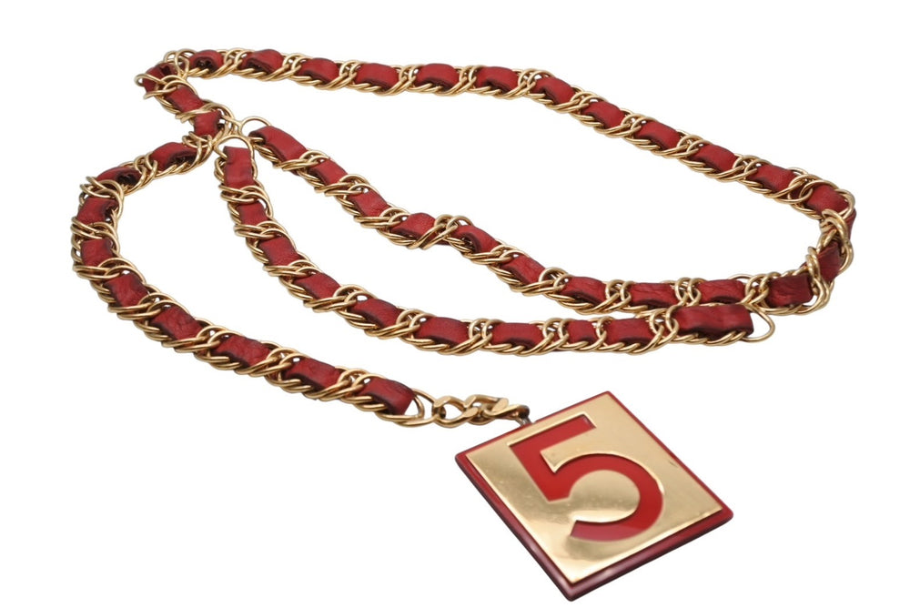 CHANEL シャネル VINTAGE ヴィンテージ チェーンベルト ココマーク No.5 レザー メタル GP ゴールド レッド 美品 中古 4b010336