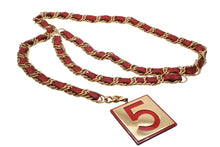 画像をギャラリービューアに読み込む, CHANEL シャネル VINTAGE ヴィンテージ チェーンベルト ココマーク No.5 レザー メタル GP ゴールド レッド 美品 中古 4b010336