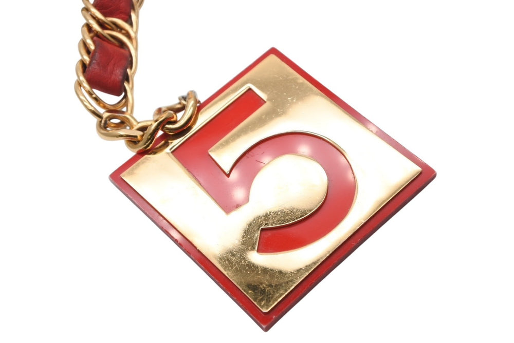 CHANEL VINTAGE Vintage Chain Belt Coco Mark No.5 Leather Metal GP Gold Red Good Condition Used 4b010336