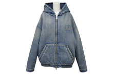 画像をギャラリービューアに読み込む, 極美品 MIUMIU ミュウミュウ ボンバー フーデッドジャケット GWB190 サイズ38 デニム ブルー ロゴパッチ 中古 4b010347