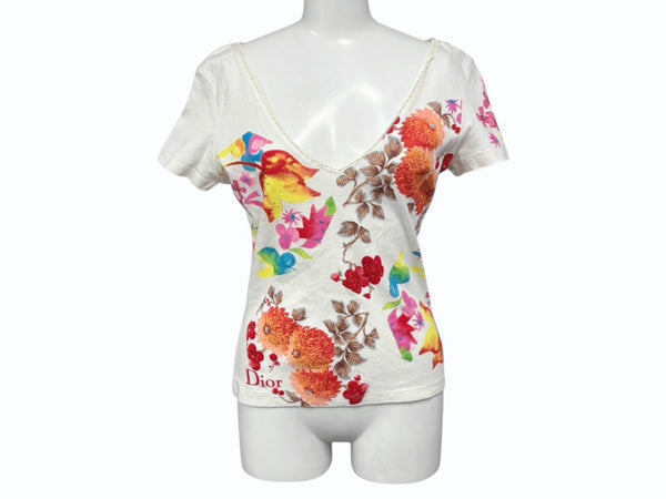 極美品 Christian Dior クリスチャンディオール Vネック半袖Tシャツ 6P16155471 サイズ40 マルチカラー ガリアーノ期 総柄 中古 4b010383