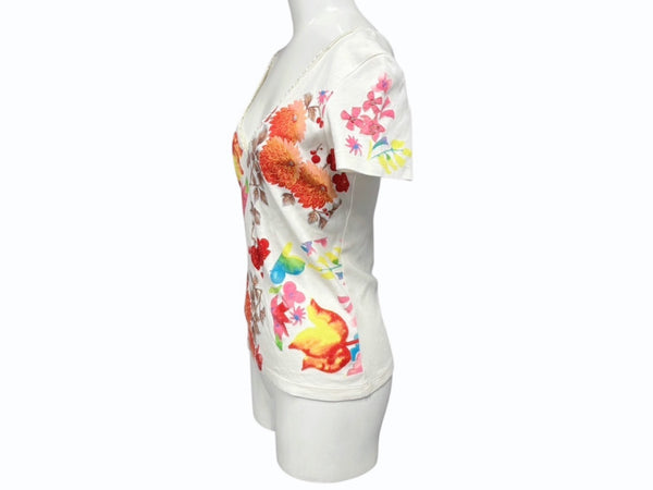 極美品 Christian Dior クリスチャンディオール Vネック半袖Tシャツ 6P16155471 サイズ40 マルチカラー ガリアーノ期 総柄 中古 4b010383