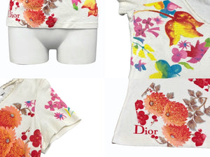 極美品 Christian Dior クリスチャンディオール Vネック半袖Tシャツ 6P16155471 サイズ40 マルチカラー ガリアーノ期 総柄 中古 4b010383