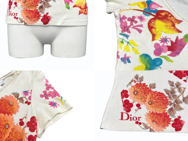 極美品 Christian Dior クリスチャンディオール Vネック半袖Tシャツ 6P16155471 サイズ40 マルチカラー ガリアーノ期 総柄 中古 4b010383