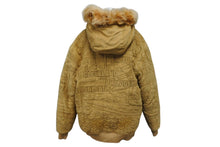 画像をギャラリービューアに読み込む, pelle pelle ペレペレ ボンバー フーデッドジャケット サイズM ステッチ ブラウン フェイクファー 総柄 美品 中古 4b010432