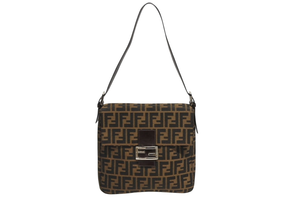 FENDI フェンディ マンマバケット ワンショルダーバッグ ハンドバッグ ズッカ柄 キャンバス レザー ブラウン シルバー金具 美品 中古 4b010437