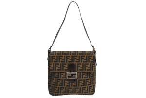 FENDI フェンディ マンマバケット ワンショルダーバッグ ハンドバッグ ズッカ柄 キャンバス レザー ブラウン シルバー金具 美品 中古 4b010437