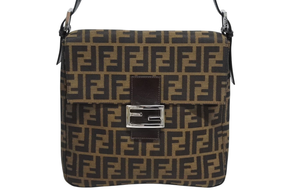 FENDI フェンディ マンマバケット ワンショルダーバッグ ハンドバッグ ズッカ柄 キャンバス レザー ブラウン シルバー金具 美品 中古 4b010437