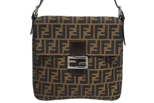FENDI フェンディ マンマバケット ワンショルダーバッグ ハンドバッグ ズッカ柄 キャンバス レザー ブラウン シルバー金具 美品 中古 4b010437