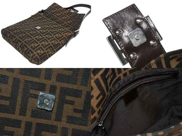 FENDI フェンディ マンマバケット ワンショルダーバッグ ハンドバッグ ズッカ柄 キャンバス レザー ブラウン シルバー金具 美品 中古 4b010437