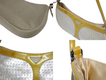 画像をギャラリービューアに読み込む, PRADA プラダ スパンコール メッシュ ハンドバッグ シルバー ゴールド レザー シルバー金具 トライアングルロゴ 良品 中古 4b010439