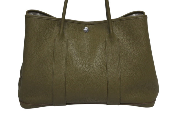 極美品 HERMES エルメス ガーデンパーティPM トートバッグ ネゴンダ キャンバス オリーブグリーン □O刻印 シルバー金具 中古 4b010456