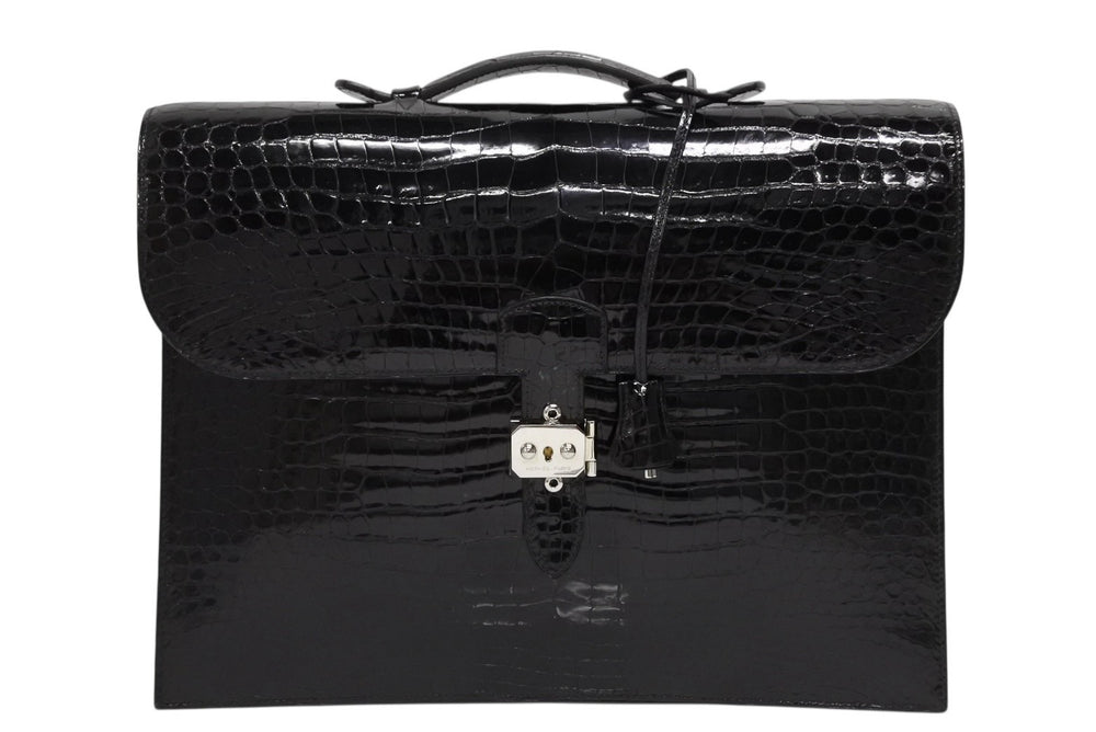 Like new HERMES Sac a Depeche 38 Briefcase Porosus Black Silver hardware □J stamp Used 4b010507