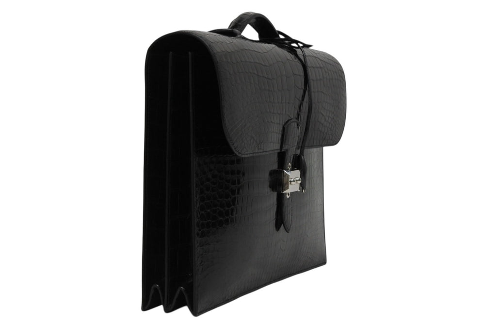 Like new HERMES Sac a Depeche 38 Briefcase Porosus Black Silver hardware □J stamp Used 4b010507