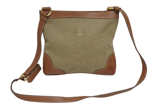 極美品 PRADA プラダ ロゴジャガード ショルダーバッグ BT0357 ベージュ ブラウン コットンキャンバス レザー ゴールド金具 中古 4b010543