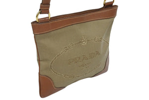 極美品 PRADA プラダ ロゴジャガード ショルダーバッグ BT0357 ベージュ ブラウン コットンキャンバス レザー ゴールド金具 中古 4b010543