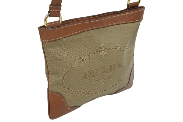 極美品 PRADA プラダ ロゴジャガード ショルダーバッグ BT0357 ベージュ ブラウン コットンキャンバス レザー ゴールド金具 中古 4b010543