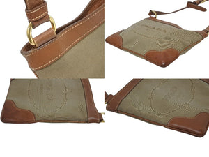 極美品 PRADA プラダ ロゴジャガード ショルダーバッグ BT0357 ベージュ ブラウン コットンキャンバス レザー ゴールド金具 中古 4b010543