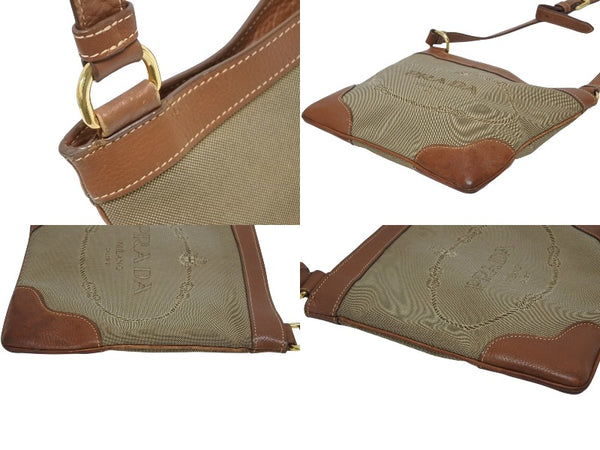 極美品 PRADA プラダ ロゴジャガード ショルダーバッグ BT0357 ベージュ ブラウン コットンキャンバス レザー ゴールド金具 中古 4b010543