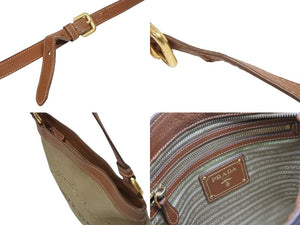 極美品 PRADA プラダ ロゴジャガード ショルダーバッグ BT0357 ベージュ ブラウン コットンキャンバス レザー ゴールド金具 中古 4b010543