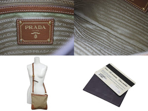 極美品 PRADA プラダ ロゴジャガード ショルダーバッグ BT0357 ベージュ ブラウン コットンキャンバス レザー ゴールド金具 中古 4b010543