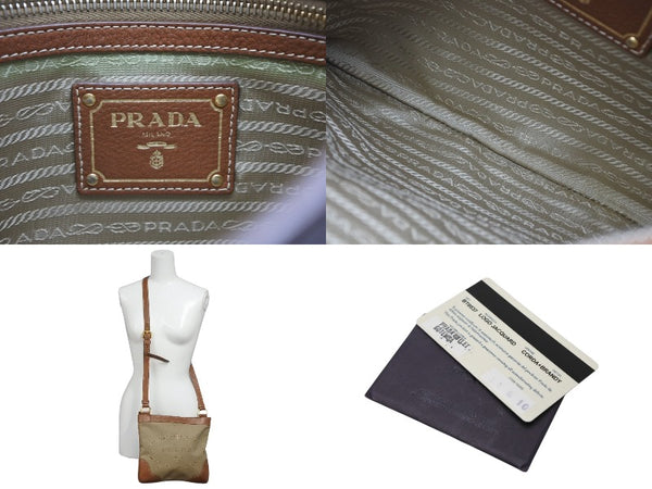 極美品 PRADA プラダ ロゴジャガード ショルダーバッグ BT0357 ベージュ ブラウン コットンキャンバス レザー ゴールド金具 中古 4b010543