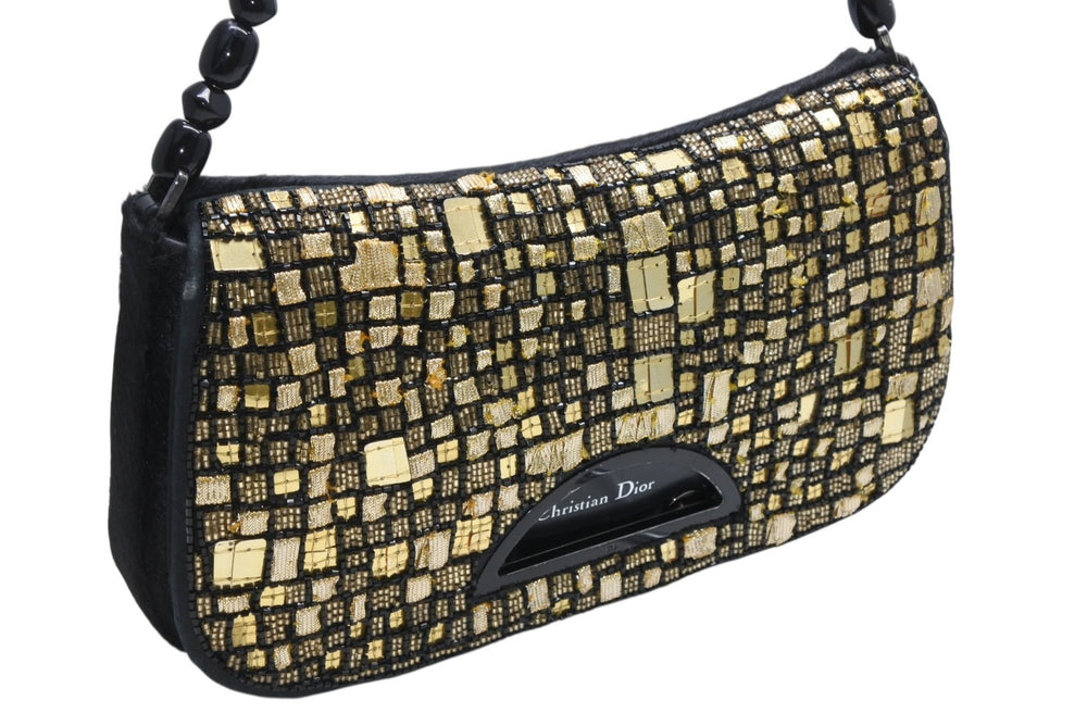 極美品 Christian Dior クリスチャンディオール ワンショルダーバッグ マリスパール ビーズ ゴールド 中古 4b010550