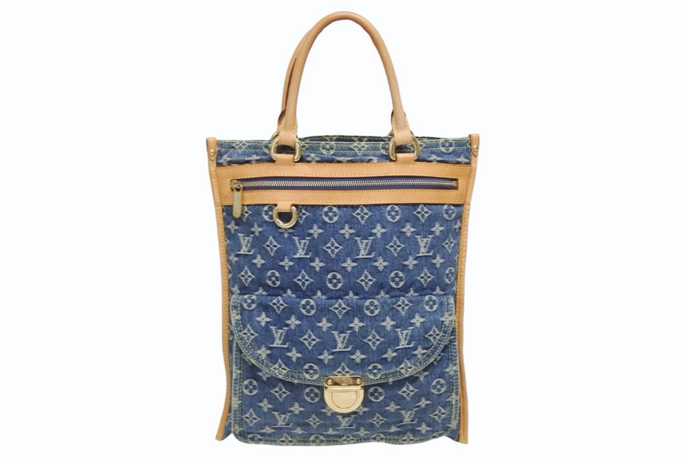 極美品 LOUIS VUITTON ルイヴィトン フラットショッパー ハンドバッグ M95018 モノグラム デニム ブルー ゴールド金具 中古 4b010562