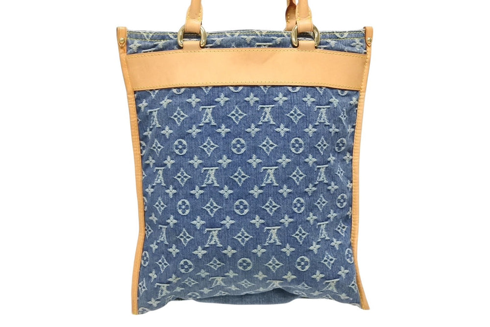 極美品 LOUIS VUITTON ルイヴィトン フラットショッパー ハンドバッグ M95018 モノグラム デニム ブルー ゴールド金具 中古 4b010562