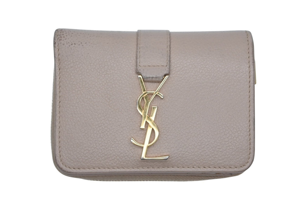 SAINT LAURENT サンローラン カサンドラ ジップウォレット 二つ折り財布 グレイン ド プードル レザー ベージュ ゴールド金具 良品 中古 4b010788