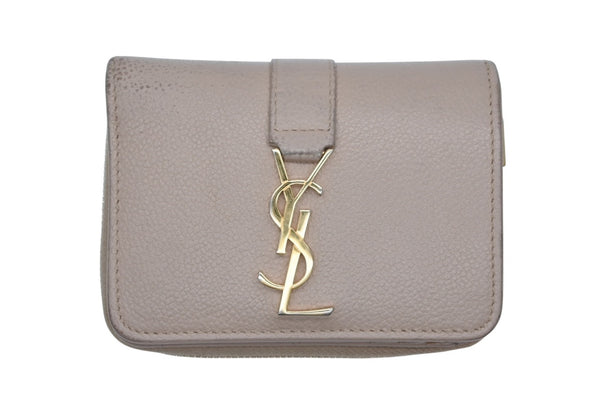 SAINT LAURENT サンローラン カサンドラ ジップウォレット 二つ折り財布 グレイン ド プードル レザー ベージュ ゴールド金具 良品 中古 4b010788