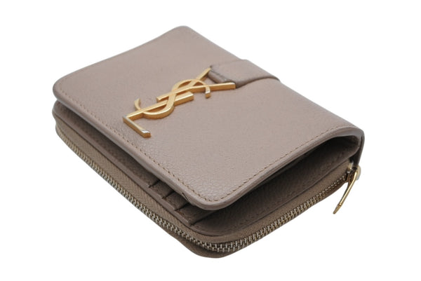 SAINT LAURENT サンローラン カサンドラ ジップウォレット 二つ折り財布 グレイン ド プードル レザー ベージュ ゴールド金具 良品 中古 4b010788