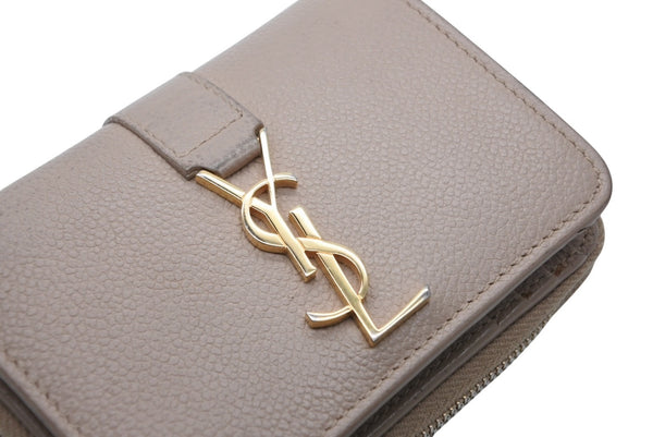 SAINT LAURENT サンローラン カサンドラ ジップウォレット 二つ折り財布 グレイン ド プードル レザー ベージュ ゴールド金具 良品 中古 4b010788